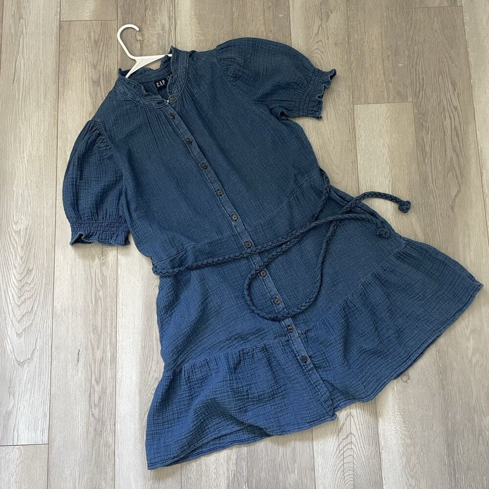 Gap Mini Dress cotton gauze button front mini womens Indigo Blue (large) natural